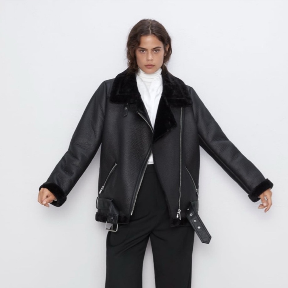 Zara Black Shearling Jacket, double-faced. Size: L